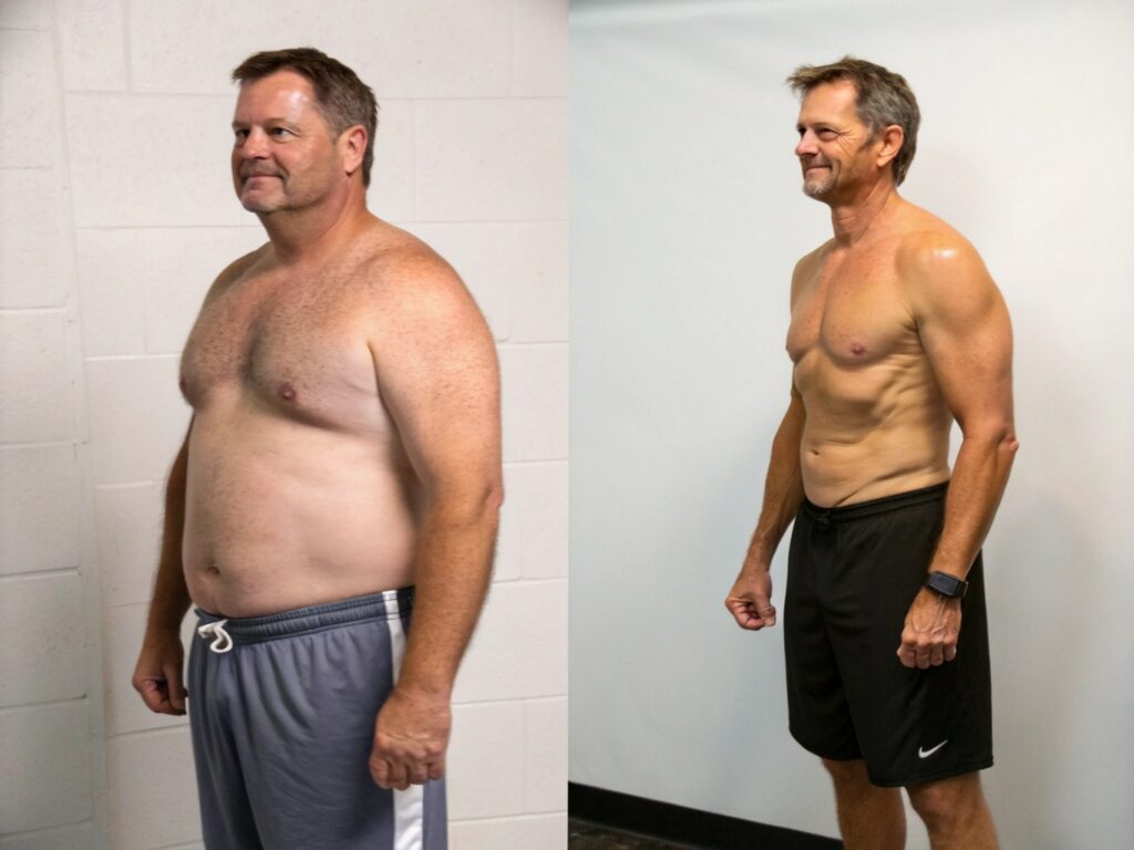 Comparación del antes y después de un hombre de mediana edad tras perder peso y ganar definición muscular