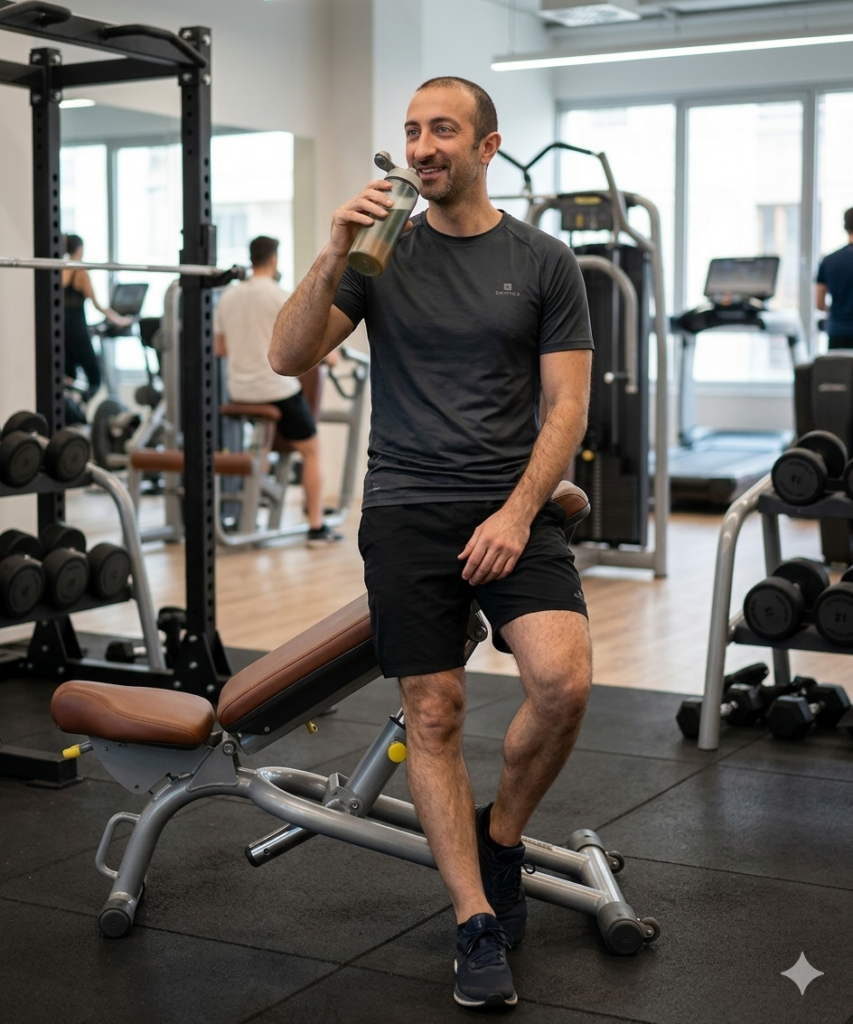 Hombre de cuerpo entero, con barba corta y sonrisa relajada, bebiendo de un agitador de proteínas mientras está sentado en un banco de pesas en un gimnasio moderno y bien iluminado.