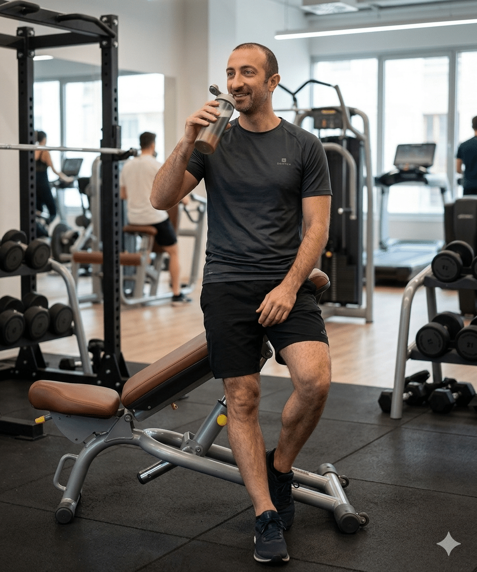 Hombre de cuerpo entero, con barba corta y sonrisa relajada, bebiendo de un agitador de proteínas mientras está sentado en un banco de pesas en un gimnasio moderno y bien iluminado.